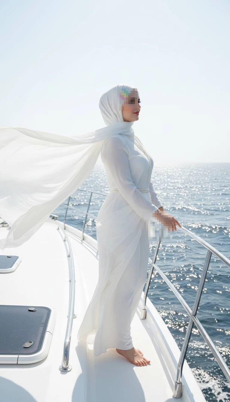 Elegant Woman in White Hijab Standing on Yacht Deck Overlooking the Sea