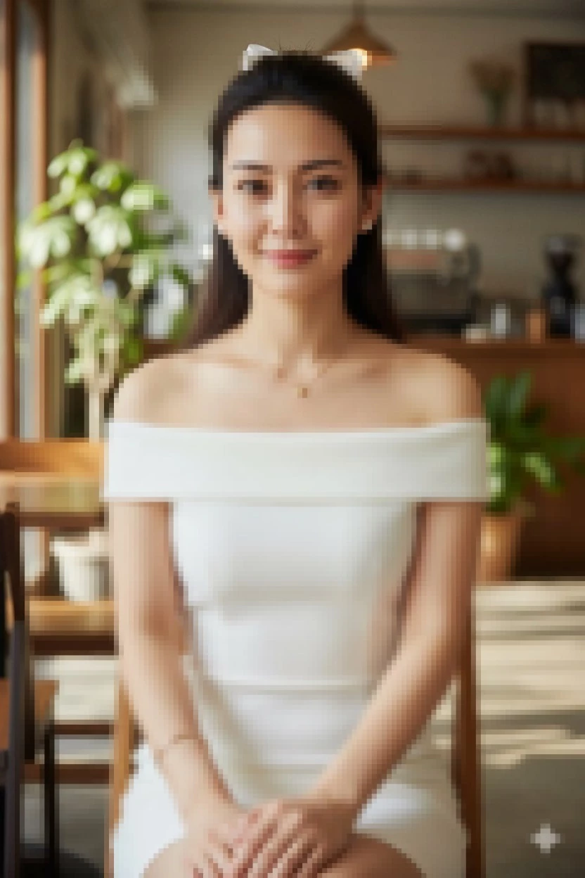 Elegant woman in white off shoulder dress sitting in cozy cafe