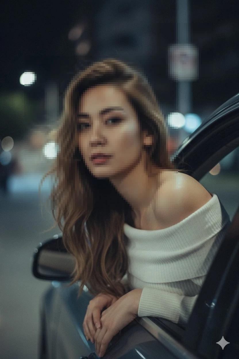 Elegant woman in white off shoulder sweater leaning from car at night