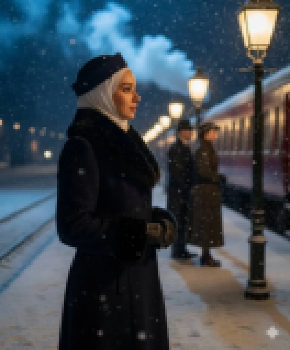 Elegant woman in winter coat waiting at snowy train station at night