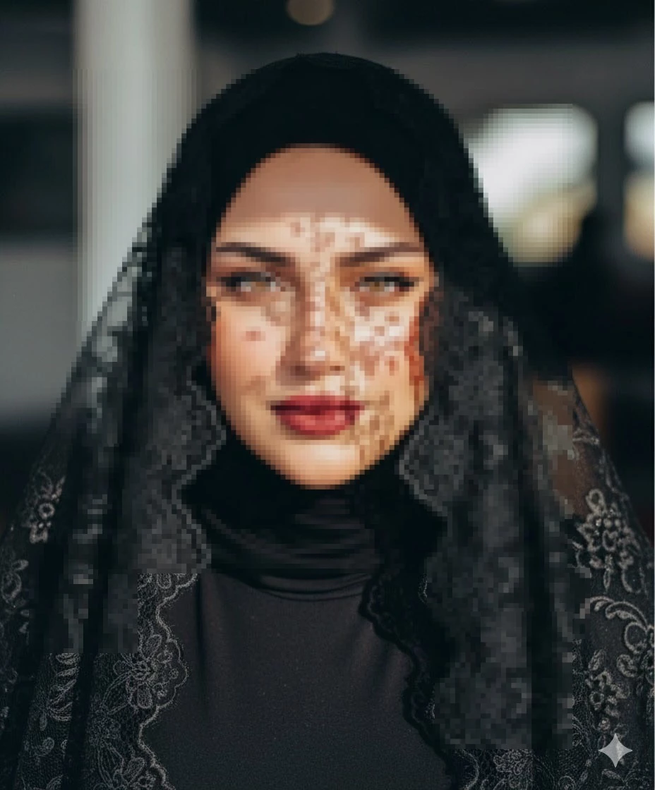 Elegant woman wearing black lace veil with floral shadows and soft lighting