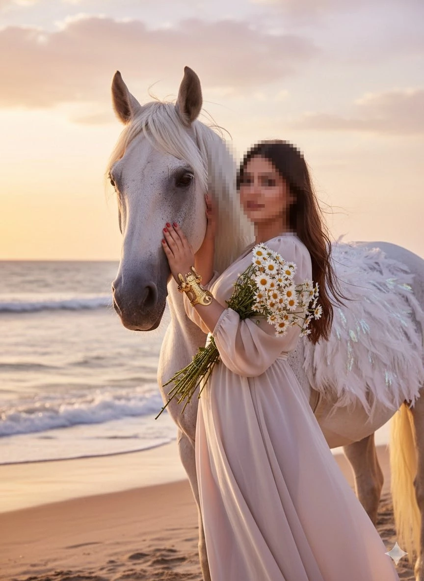 Elegant Woman with White Horse Holding Daisies on the Beach at Sunset