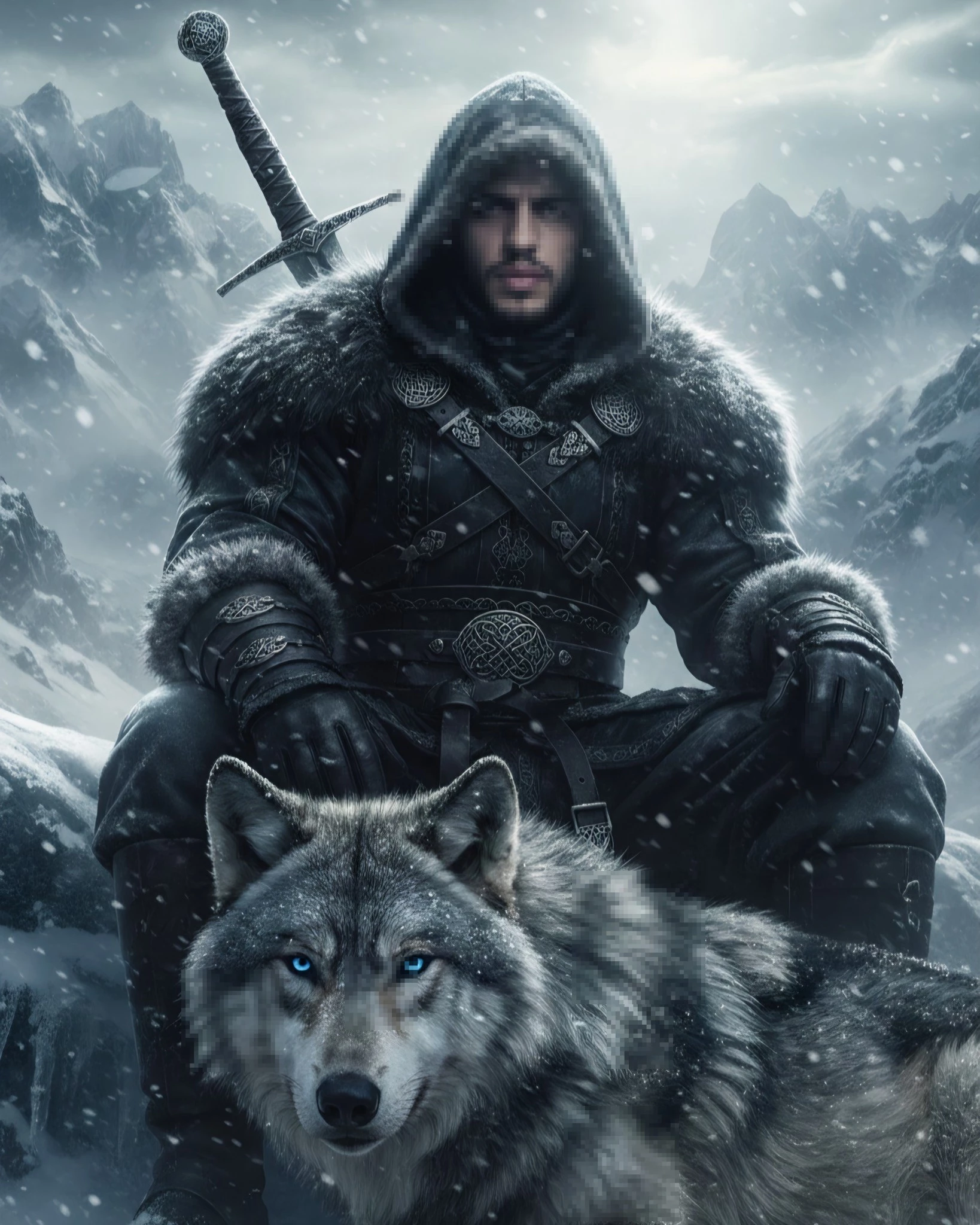 Epic Warrior and Wolf Standing Together in a Snowy Mountain Blizzard