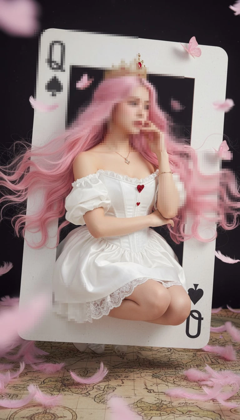 Fantasy queen with pink hair wearing white dress and crown inside card frame