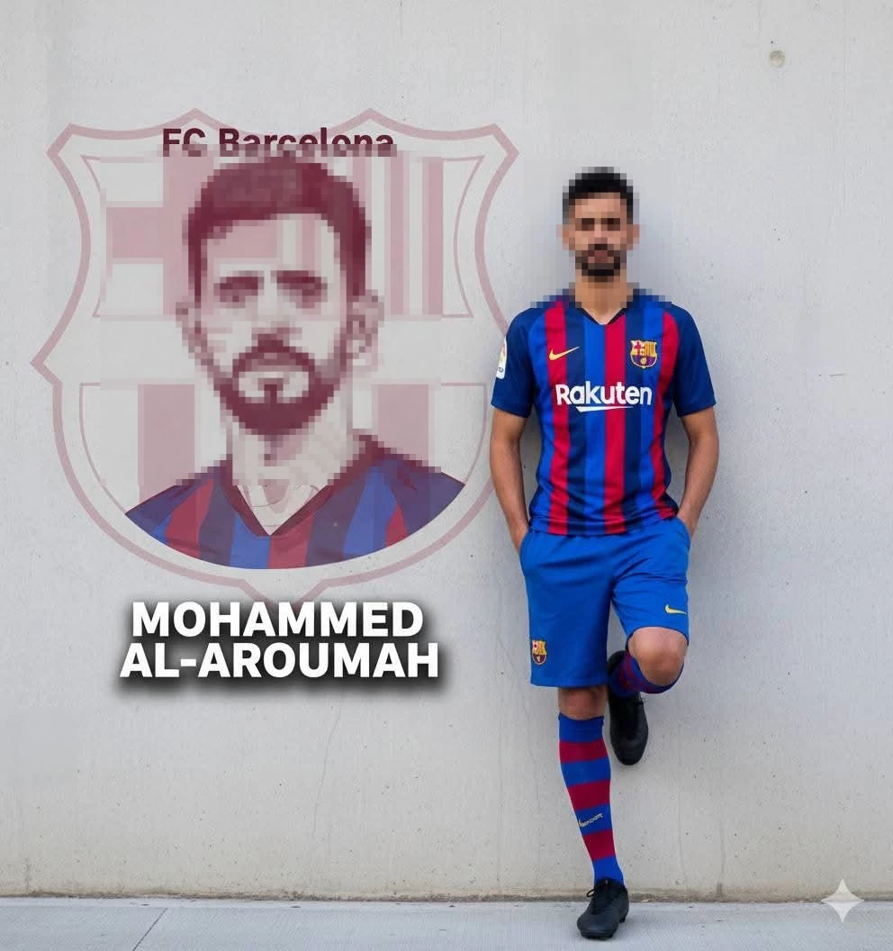 FC Barcelona player Mohammed Al-Aroumah posing with club crest and team jersey