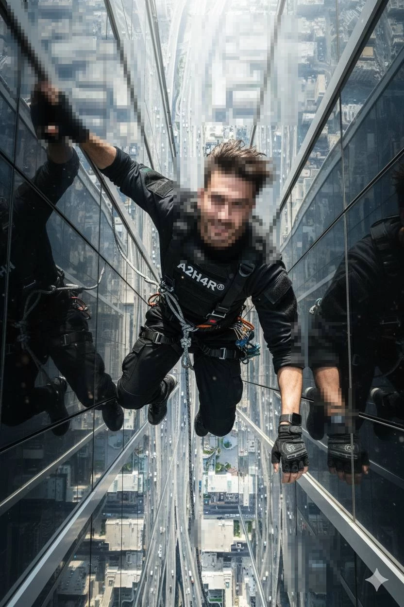 Fearless man climbing skyscraper with city skyline reflected in glass