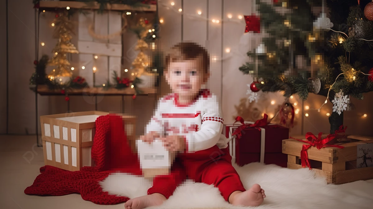 Festive Baby Sitting with Christmas Gifts in a Cozy Holiday Setting