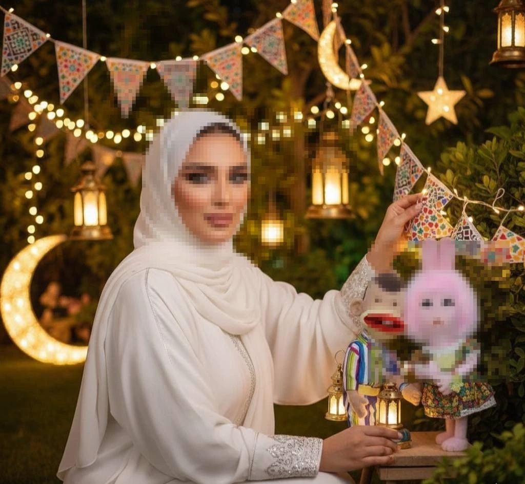 Festive Ramadan Garden Scene with Lanterns, Puppets and Crescent Moon Lights