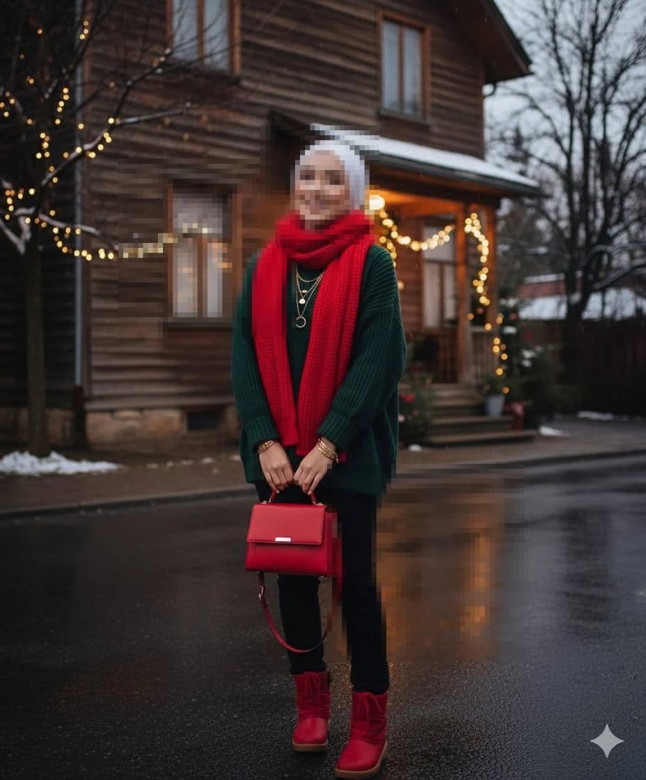 Festive Winter Street Style in Red and Green Holiday Outfit