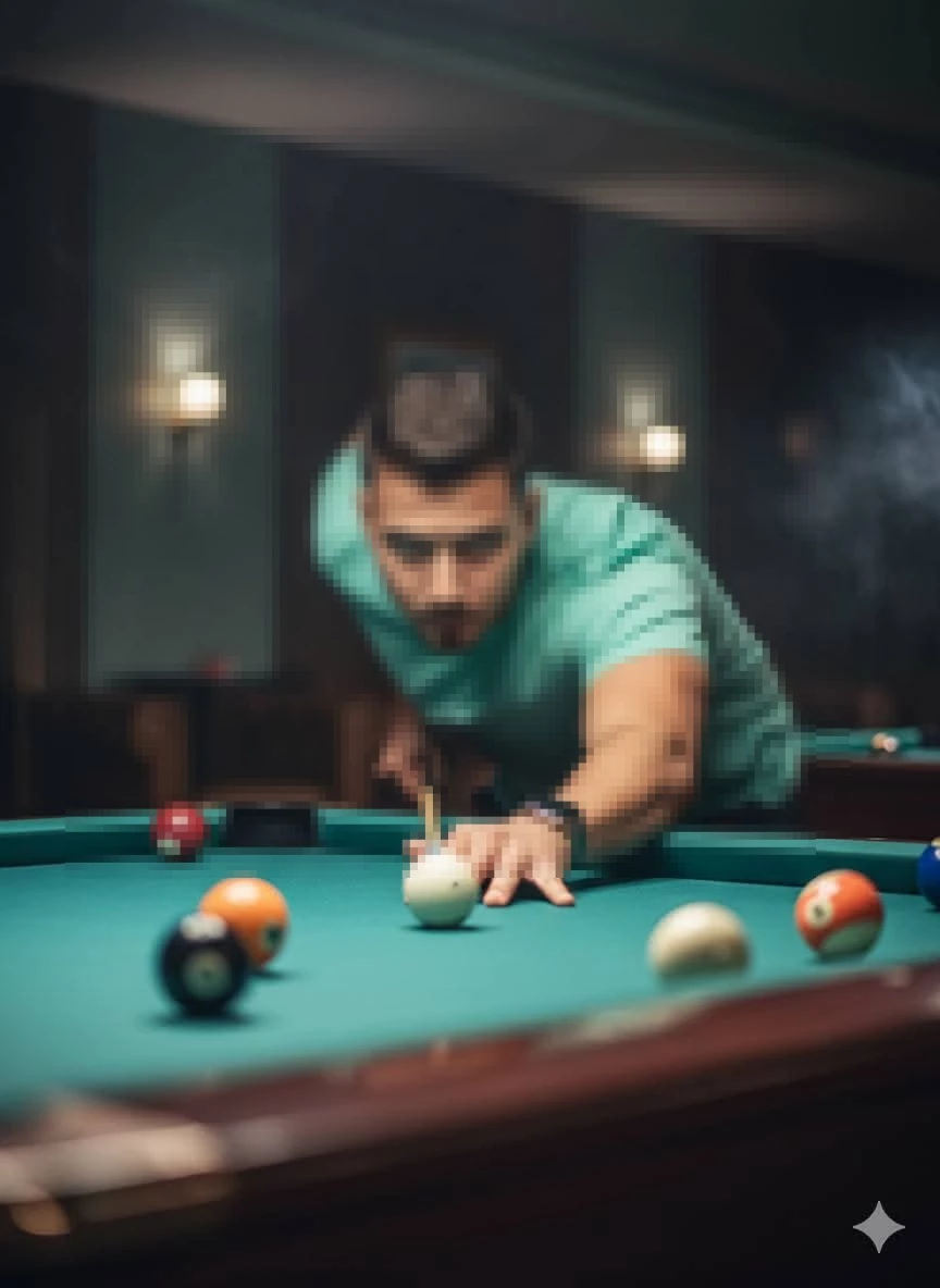 Focused Man Playing Billiards in Stylish Pool Hall