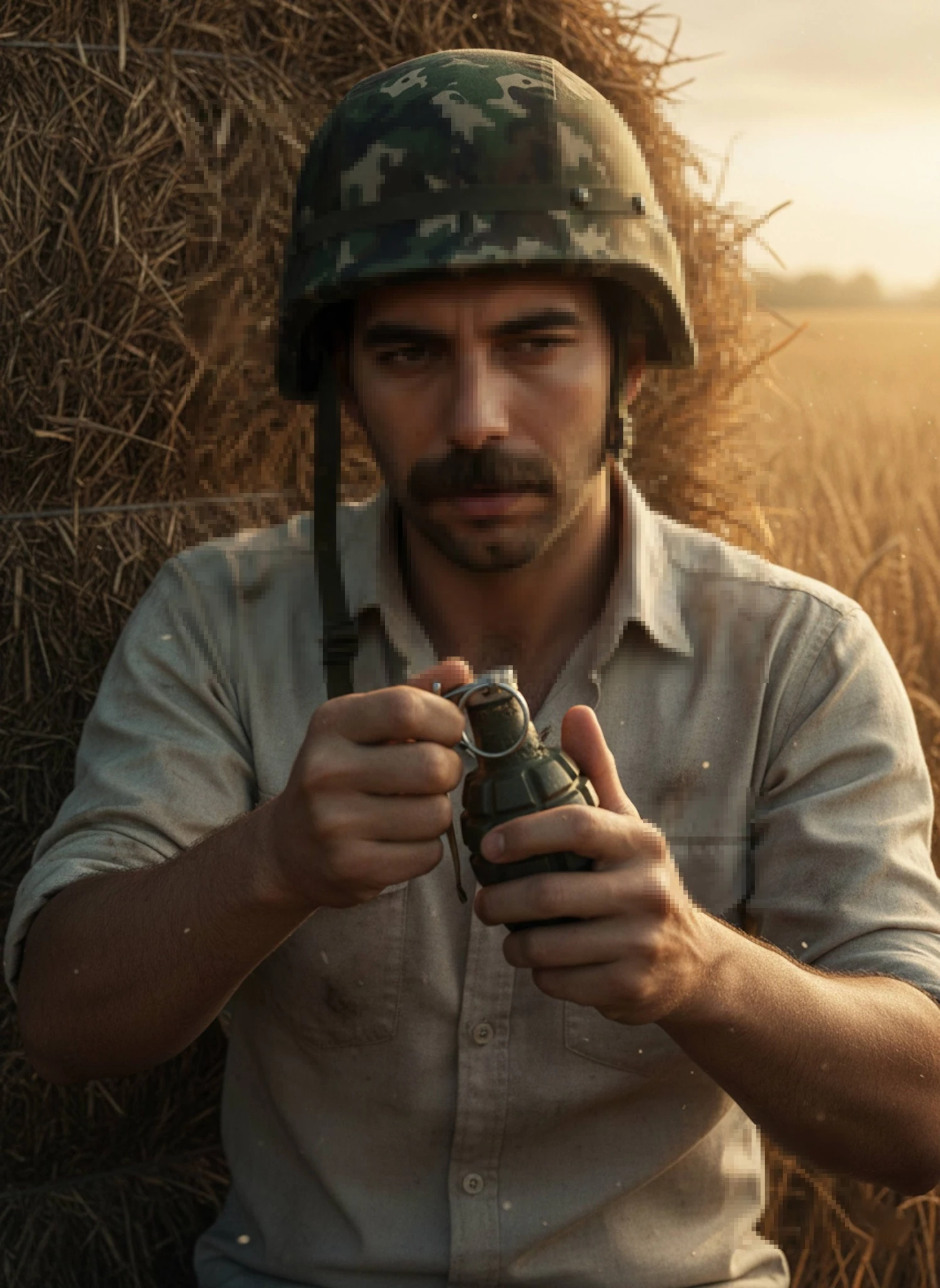 Focused Soldier Pulling Grenade Pin in a Rural Field at Golden Sunset