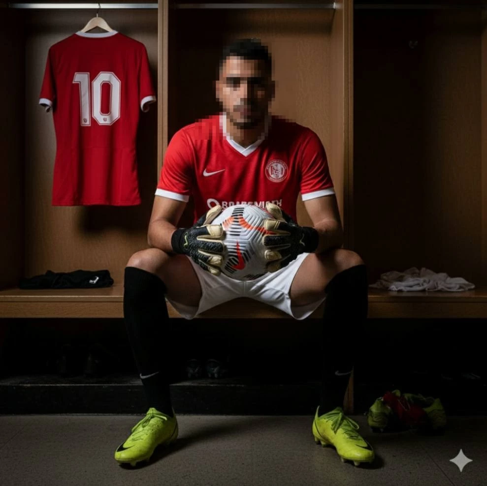 Football Player in Red Jersey Sitting in Locker Room Holding Soccer Ball