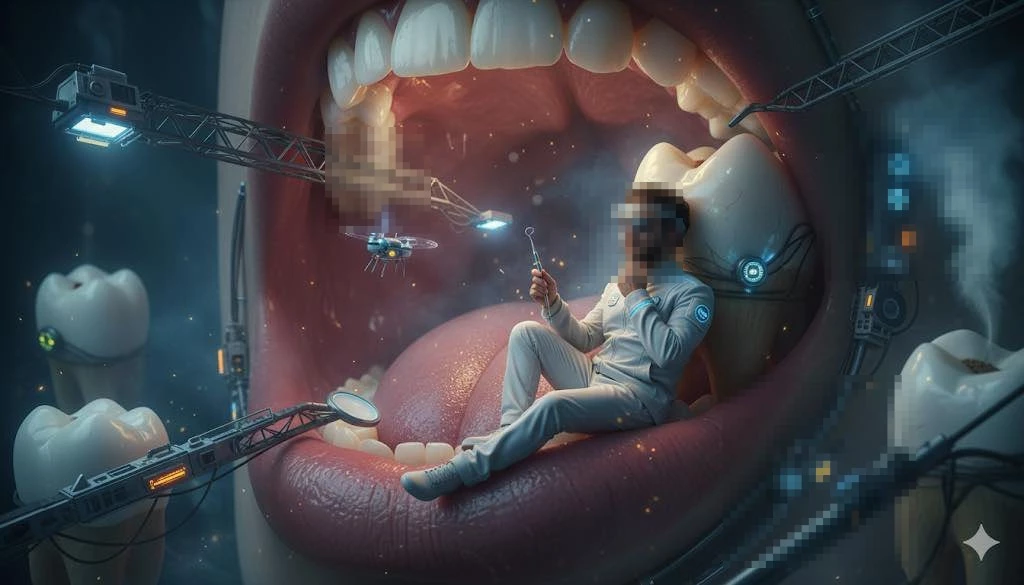 Futuristic Dentist Working Inside Giant Mouth with Robots and Drones