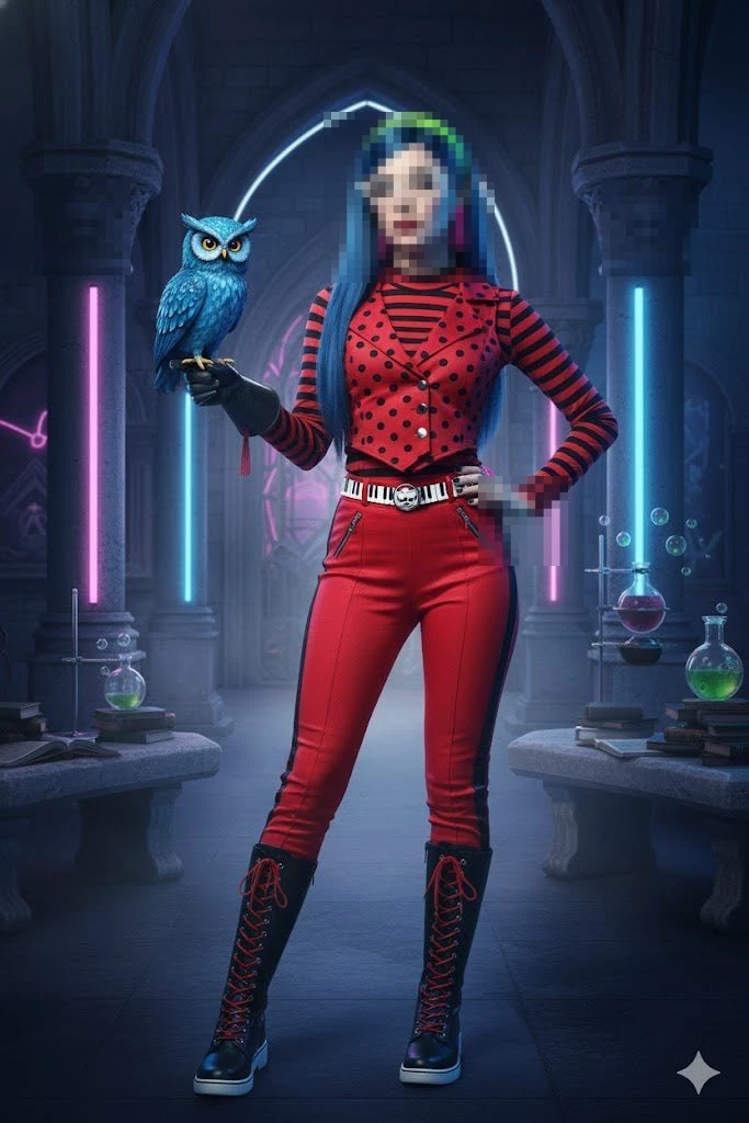 Futuristic gothic woman in red outfit holding blue owl in neon laboratory