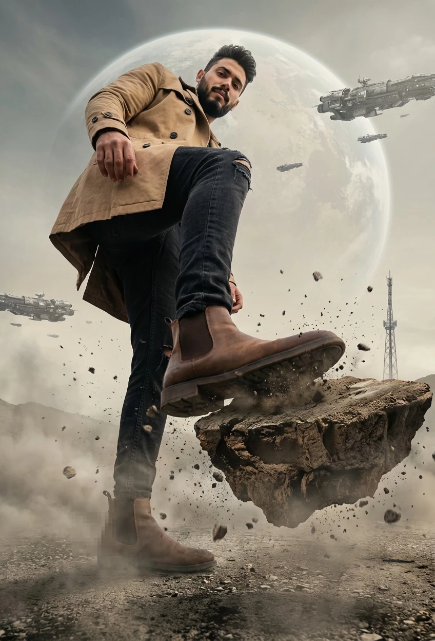 Futuristic Man Crushing Floating Rock Beneath a Giant Alien Moon