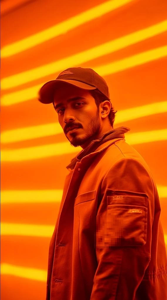 Futuristic Neon Portrait of a Man in Orange Lighting and Urban Streetwear
