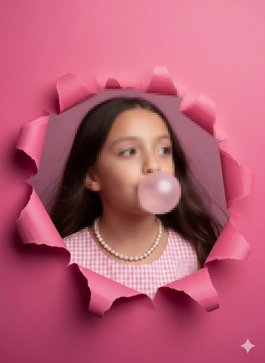 Girl blowing bubblegum through torn pink paper wearing pearl necklace