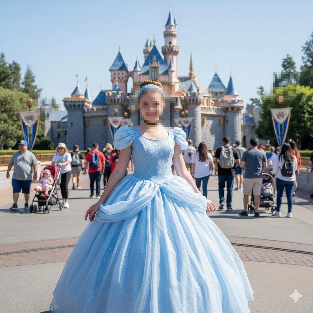 Girl Dressed as Princess in Blue Gown at Fairytale Castle Theme Park