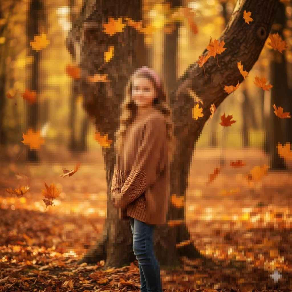 Girl in Brown Sweater Standing Among Falling Autumn Leaves in Forest
