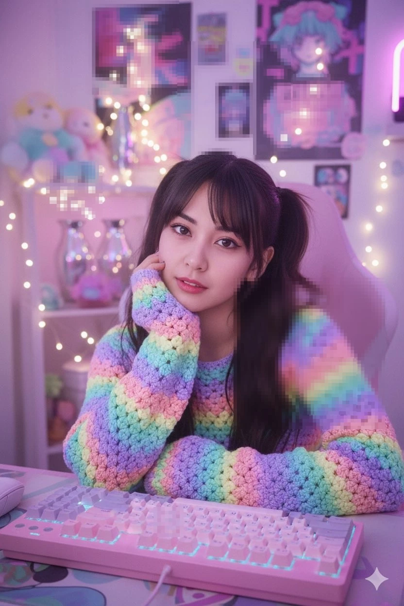 Girl in pastel rainbow sweater sitting at pink gaming setup with lights