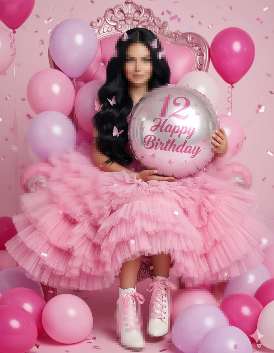 Girl in Pink Dress Celebrating 12th Birthday with Balloons and Confetti