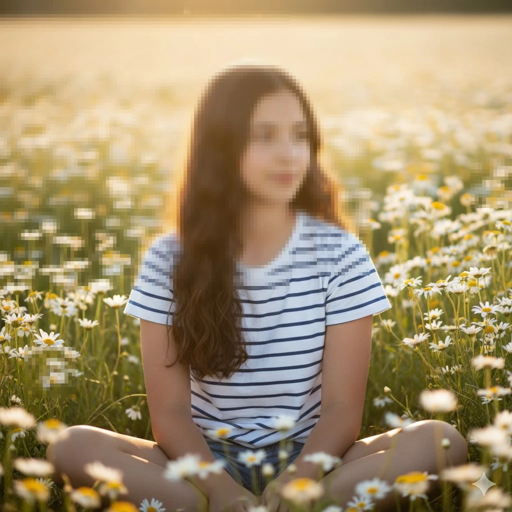 Girl Sitting in Daisy Field at Sunset Wearing Striped Shirt