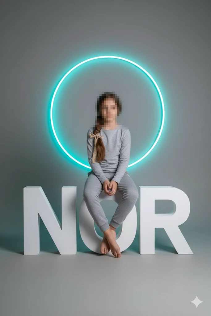 Girl Sitting on NOR Letters with Neon Circle Light in Modern Studio Portrait