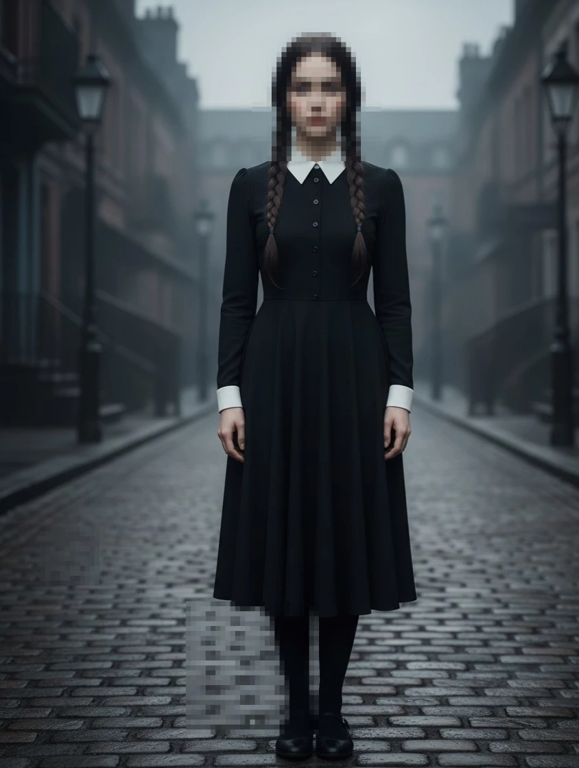 Gothic Girl Standing on Foggy Cobblestone Street in Black Dress with Braids