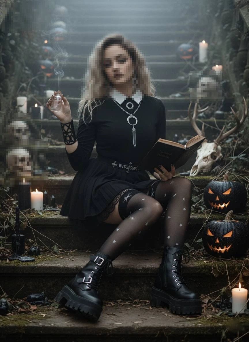 Gothic Witch Aesthetic Scene with Spells, Pumpkins, and Dark Atmosphere