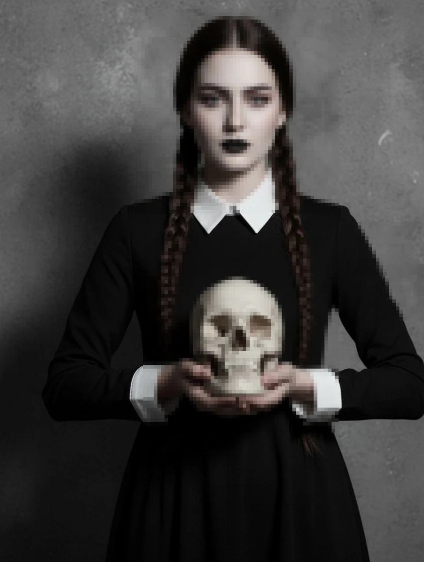 Gothic woman in black dress holding skull against dark moody background