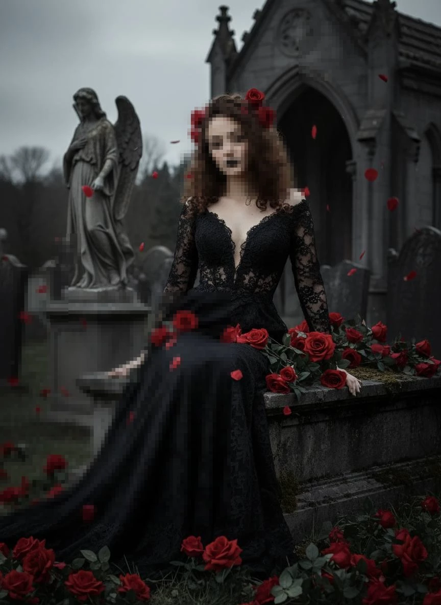 Gothic Woman in Black Lace Dress Surrounded by Red Roses in a Graveyard