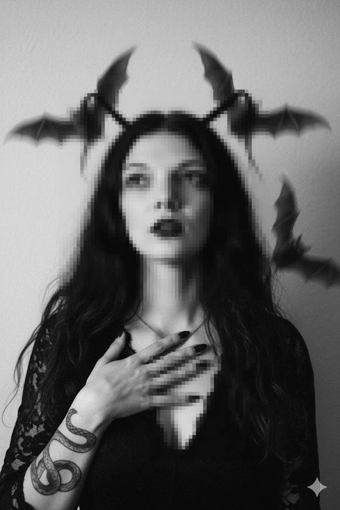 Gothic woman with bat horns and snake tattoo in black and white portrait