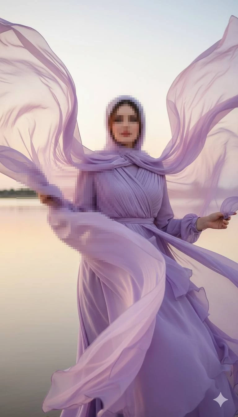Graceful sunset portrait of a woman in a flowing lavender dress by the water
