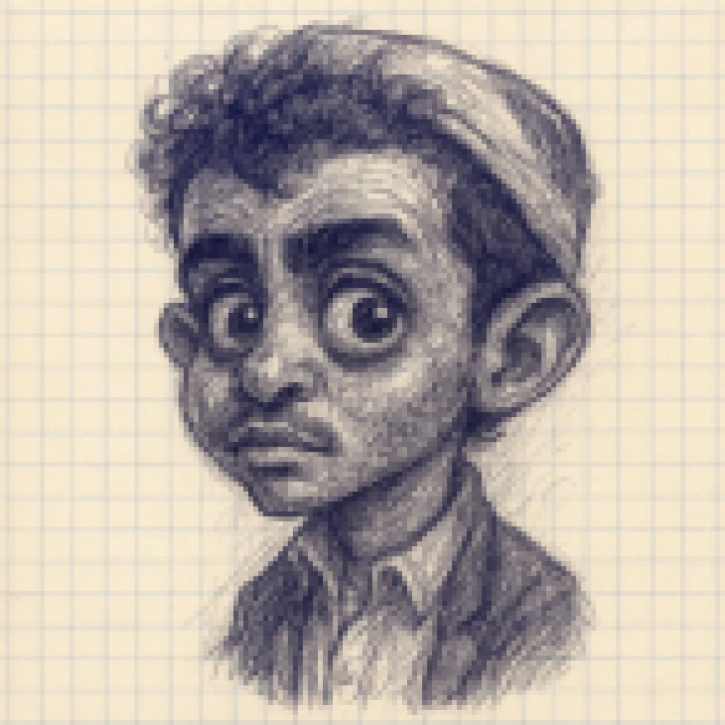 Hand-Drawn Ink Sketch of a Stylized Character on Grid Paper