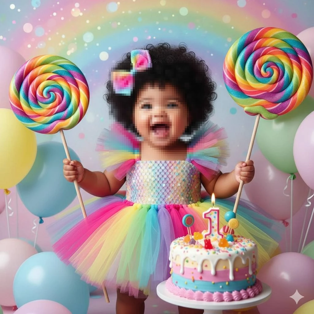 Happy Baby Girl Celebrating First Birthday with Rainbow Cake and Lollipops