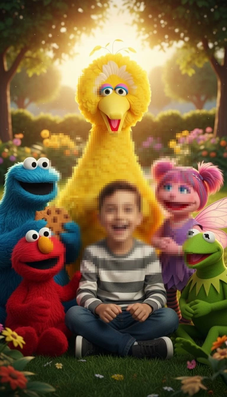 Happy Boy Sitting with Sesame Street Characters in Sunny Garden