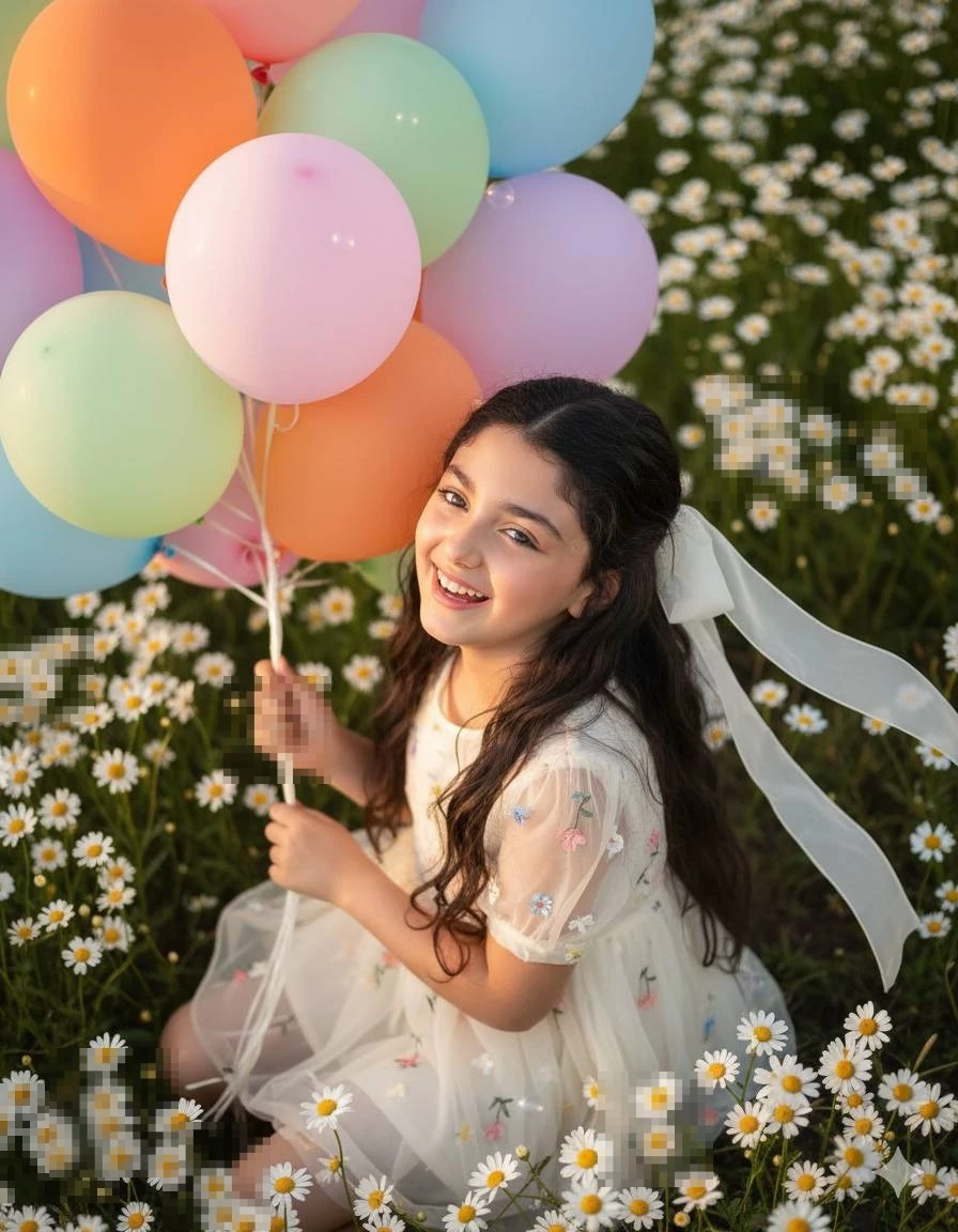 Happy Girl Holding Pastel Balloons in a Daisy Flower Field
