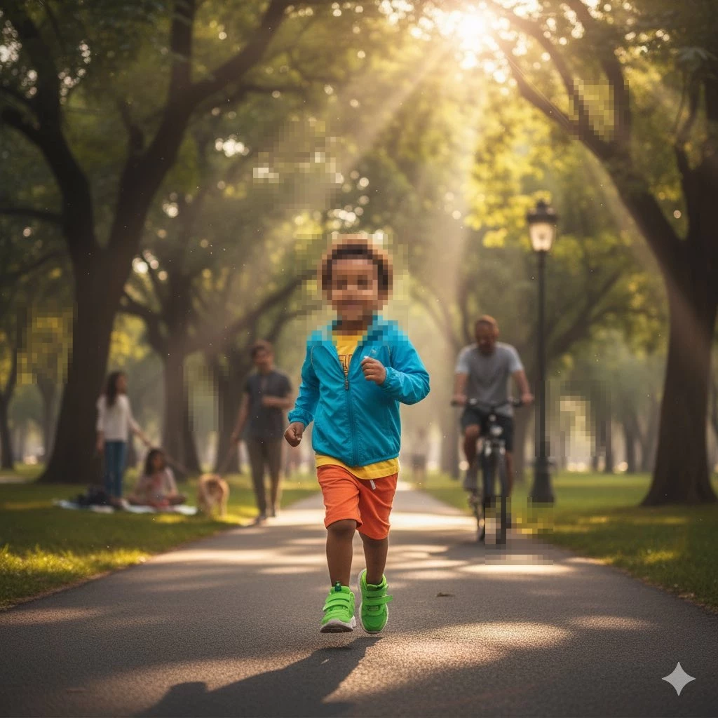 Happy Little Boy Running in Sunlit Park Wearing Bright Colorful Outfit