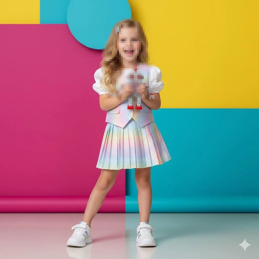 Happy Little Girl Holding Robot Toy in Colorful Studio Background