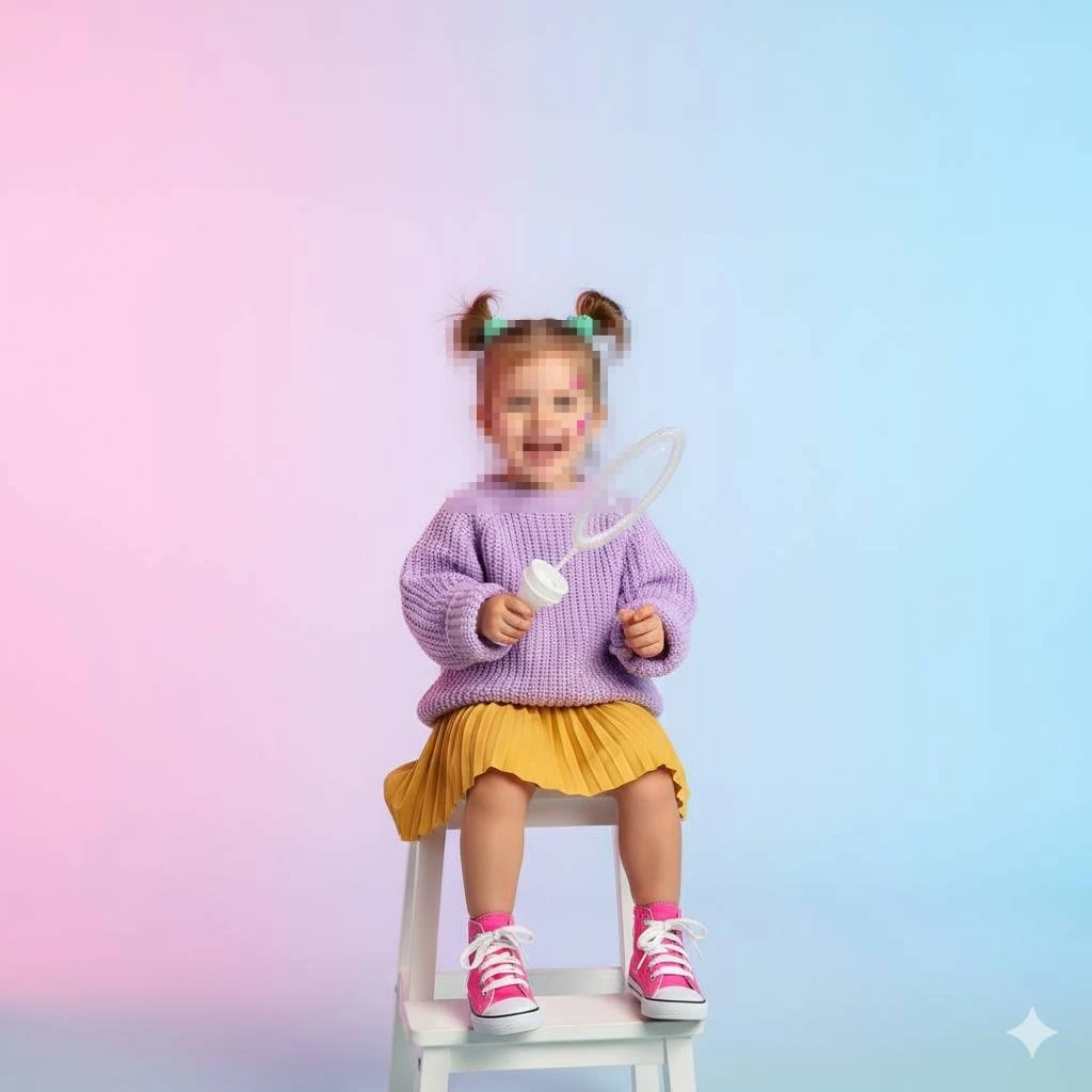 Happy Little Girl in Purple Sweater Playing with Bubble Wand