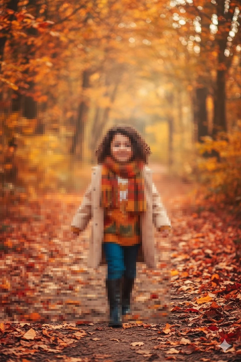 Happy Little Girl Walking in Autumn Forest with Colorful Leaves