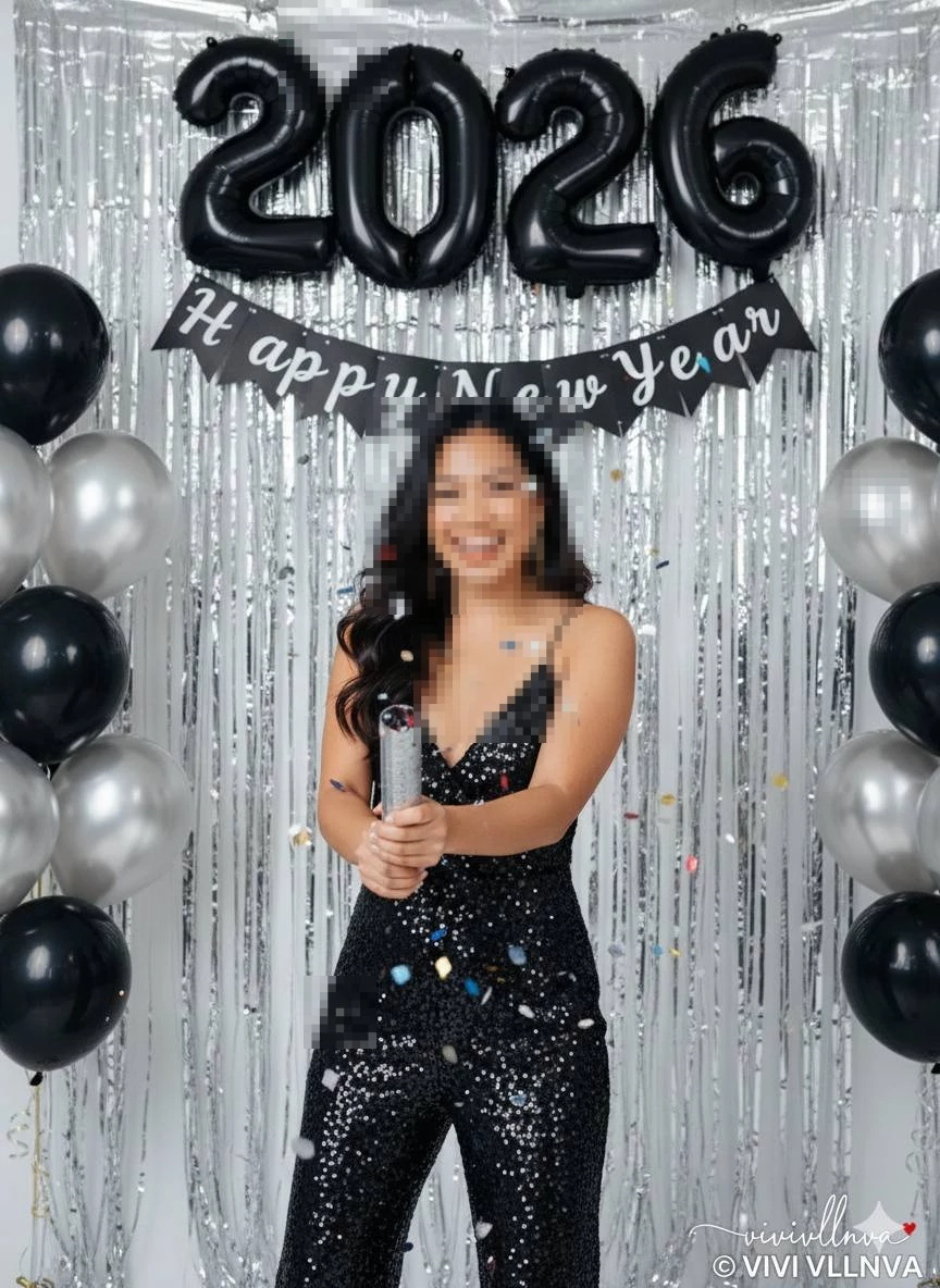 Happy New Year 2026 Celebration with Confetti and Elegant Black Outfit