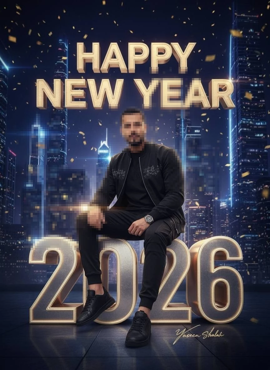 Happy New Year 2026 Luxury Portrait with Gold Typography and City Skyline