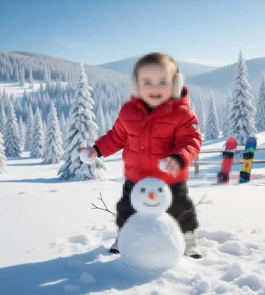 Happy Toddler Building Snowman in Winter Wonderland with Red Jacket