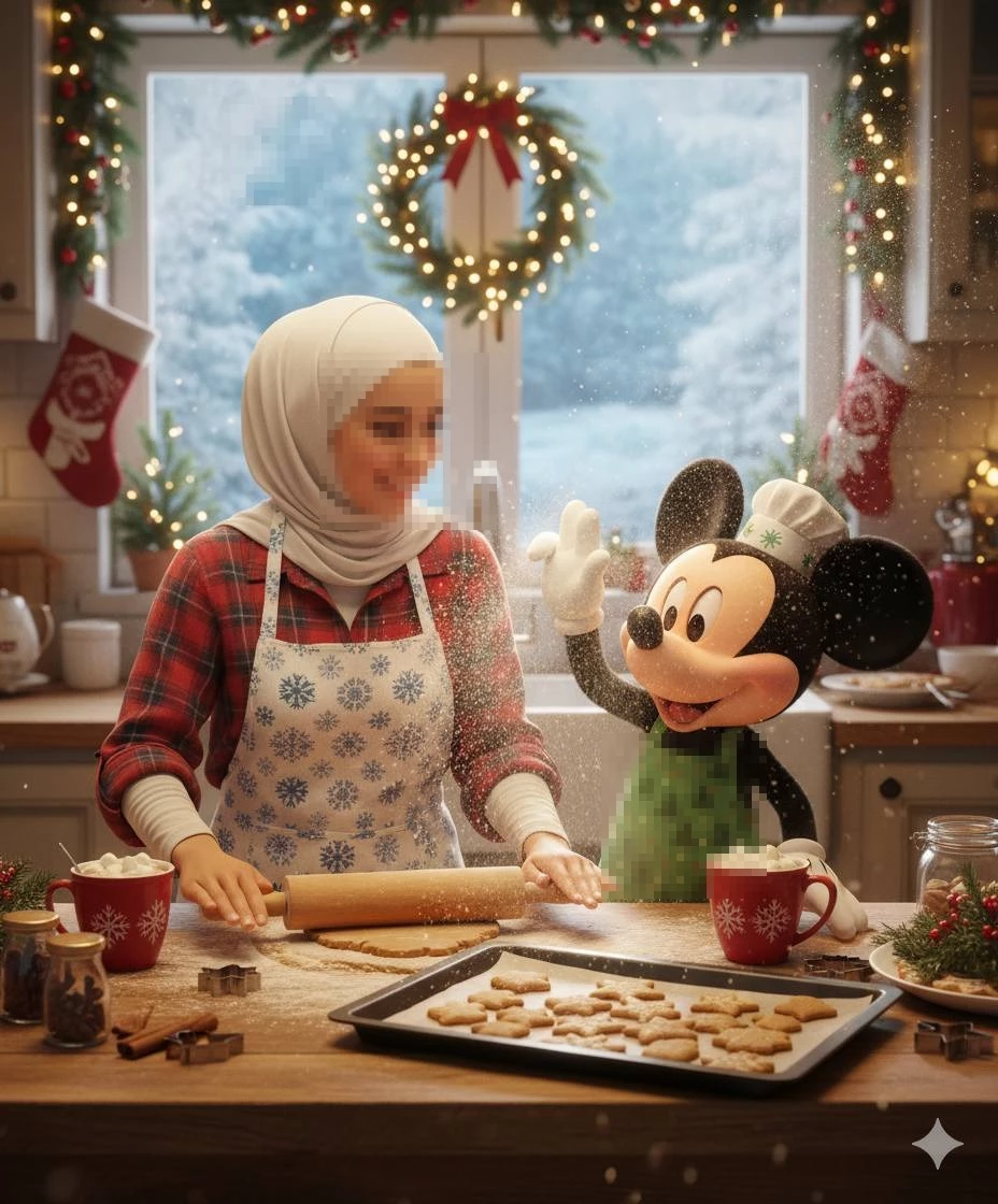 Hijabi woman baking Christmas cookies with Mickey Mouse in a festive kitchen
