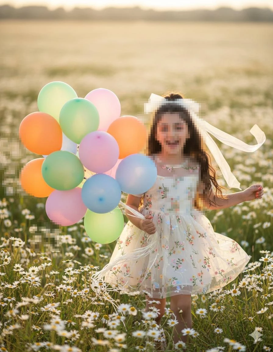 Joyful Girl Running Through Wildflower Meadow with Colorful Balloons