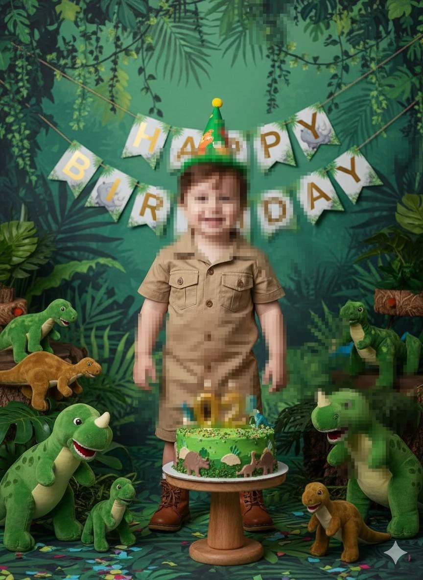 Little Boy Celebrating Second Birthday with Dinosaur Theme and Green Cake