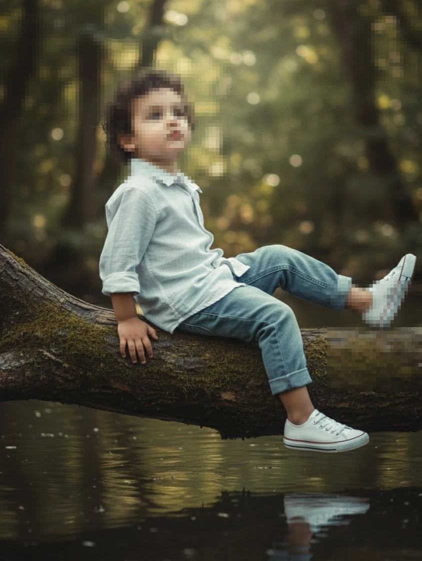 Little boy sitting on a tree above a calm pond in a peaceful forest scene