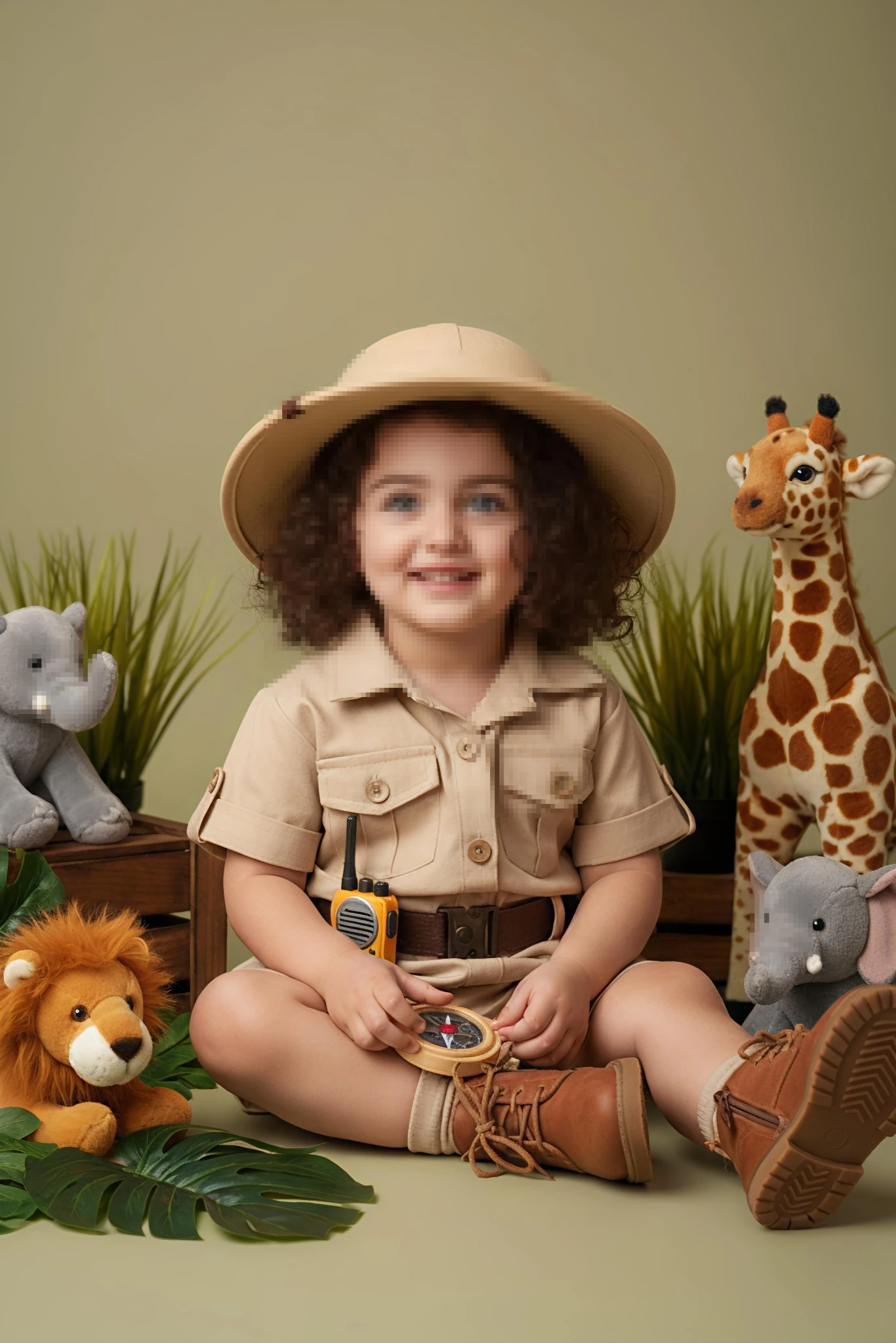 Little Explorer Kid in Safari Outfit Surrounded by Jungle Animal Toys