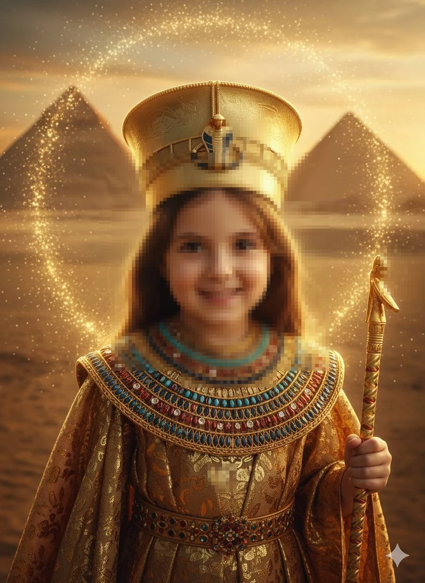 Little girl dressed as an Egyptian queen standing before pyramids at golden sunset